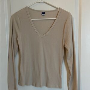 Old Navy Ribbed V-Neck Long Sleeve Top - Beige